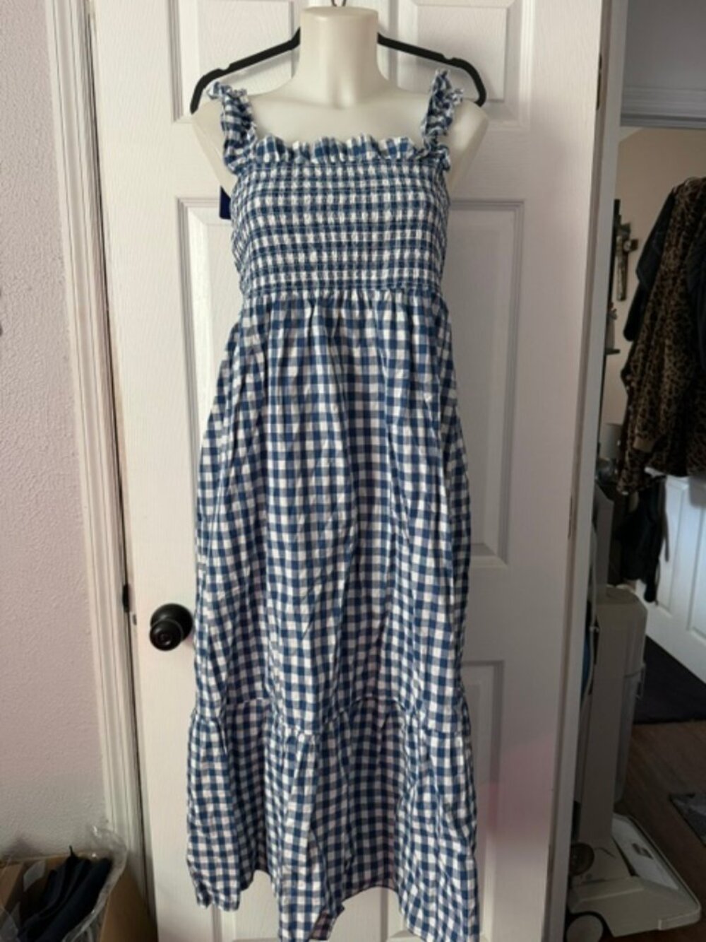 Blue & White Gingham Smocked Maxi Dress Ruffle Straps Tiered Hem Large